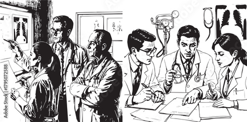 Medical Professionals Examining X-rays and Documents in Diagnostic Setting Illustration