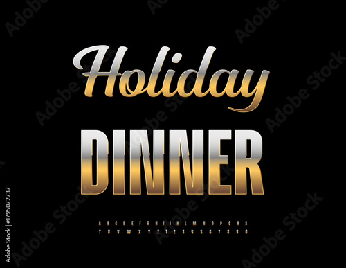 Vector Premium emblem Holiday Dinner. Exclusive Chic Golden Font. Fashion Elite Alphabet Letters and Numbers set.