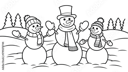 Delightful snowmen friends cheerfully enjoying winter in a snowy landscape, perfect for festive coloring pages and joyful holiday activities