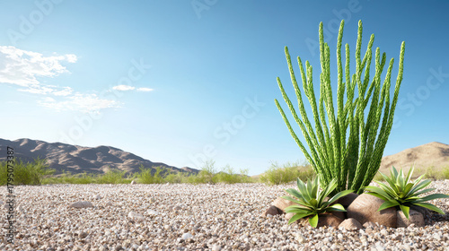 Desert landscape featuring tall green cacti and succulent plants surrounded by rocky terrain under clear blue sky