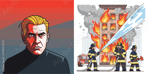 Firefighters Extinguishing Building Fire with Concerned Man in Red