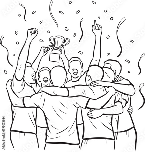 Soccer Team Victory Celebration with Trophy, Confetti Vector Art