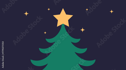 Festive green Christmas tree topped with a golden star against a deep indigo night sky dotted with twinkling yellow stars