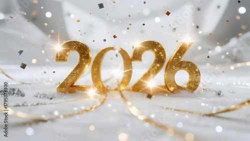 Elegant golden 2026 amidst confetti and shimmering ribbons celebrates future prospects and joyfully
