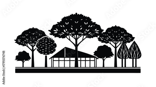 Black silhouette of a building surrounded by various trees on a white background