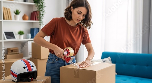 Woman packing boxes preparing for moving day with tape gun and supplies	