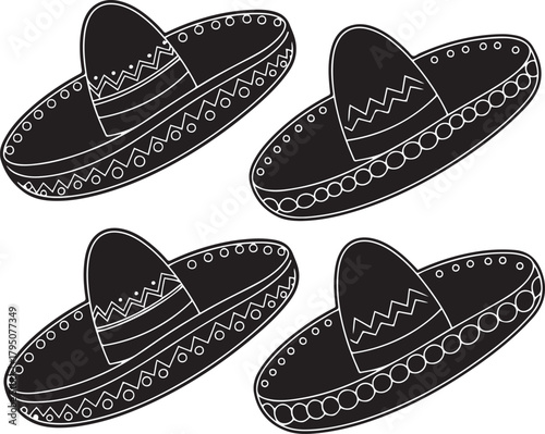 Mexican Sombrero Hat Vector Illustration Set Fiesta Design
