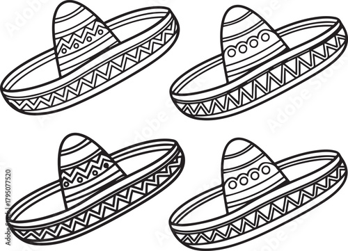 Mexican Sombrero Hat Vector Illustration Set Fiesta Design
