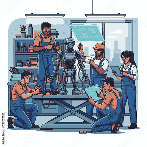 Robot Assembly Crew with Blueprint in Workshop Vector Illustration