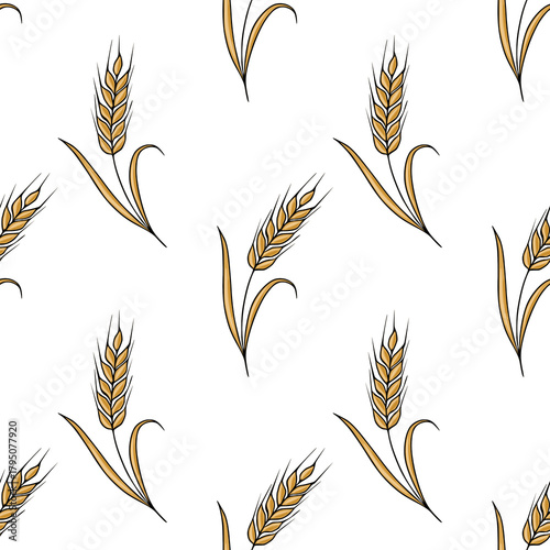 Seamless vector pattern of golden wheat ears with delicate stalks and leaves, rendered in a clean, illustrative style on a white background.