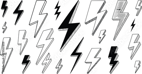 Lightning bolt icon set, energy symbol collection, electric power graphic, stylized thunder shapes, cartoon lightning, electricity design elements, vector illustration