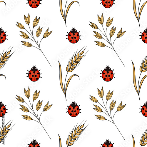Seamless vector pattern of charming ladybugs and golden wheat stalks on a clean white background, evoking a sense of rural harmony and simple beauty.