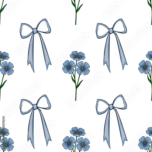 Charming seamless vector pattern featuring delicate blue flax flowers and elegant light blue bows on a white background.