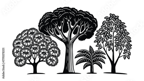 Black silhouette of four different stylized trees on a white background nature forest