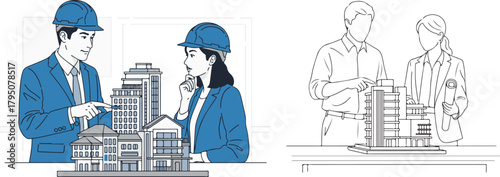 Architects Reviewing Building Models and Blueprints Illustration