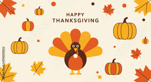 A festive illustration wishing "Happy Thanksgiving" with a cartoon turkey, various pumpkins, and colorful autumn leaves on a light background.