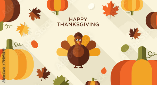 Happy Thanksgiving illustration with a cute turkey, pumpkins, and falling autumn leaves in a flat design style.