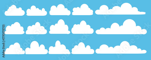 set of vector illustrations of clumpy clouds, cloud bubbles in flat style on a blue background	
