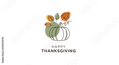Thanksgiving greeting card featuring a pumpkin, leaves, and the words 'Happy Thanksgiving'.
