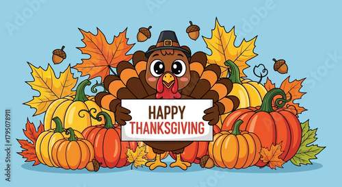 A cute cartoon turkey holding a sign that says Happy Thanksgiving surrounded by pumpkins and leaves.