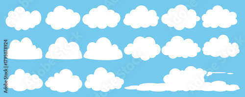 set of vector illustrations of clumpy clouds, cloud bubbles in flat style on a blue background	