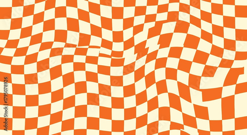 Abstract retro background featuring a groovy wavy and distorted orange checkerboard pattern