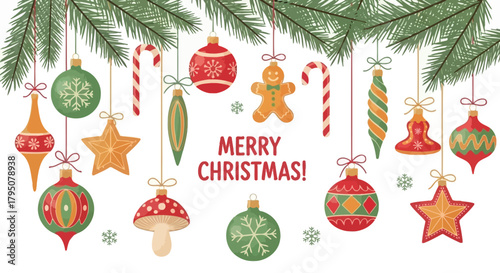 Festive Holiday Ornaments and Decorations Featuring Candy Canes, Gingerbread Men, Stars, and Baubles with Merry Christmas Text