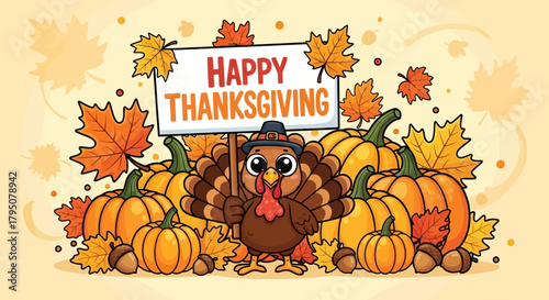 A cute cartoon turkey in a pilgrim hat holding a "Happy Thanksgiving" sign, surrounded by pumpkins, autumn leaves, and acorns.