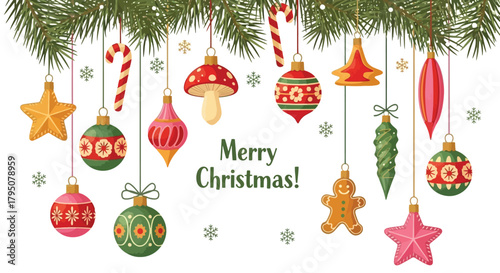 A festive collection of vintage Christmas ornaments hanging from a pine branch with snowflakes on a white background