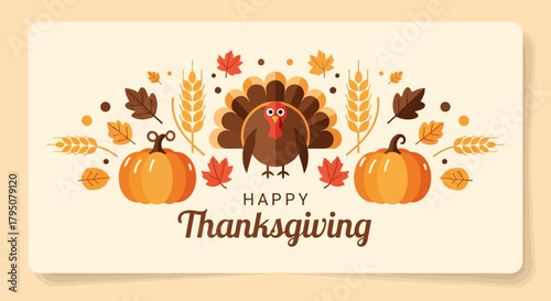 Thanksgiving greeting card featuring a turkey, pumpkins, wheat, and autumn leaves, with text.