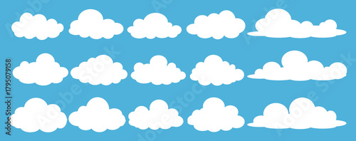 set of vector illustrations of clumpy clouds, cloud bubbles in flat style on a blue background	