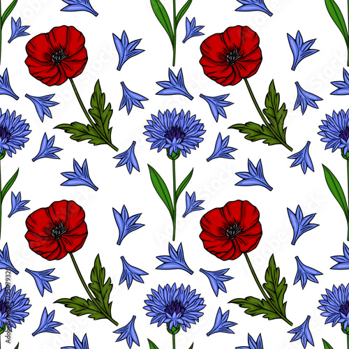 Seamless vector pattern featuring vibrant red poppies and delicate blue cornflowers with green leaves, set against a clean white background.