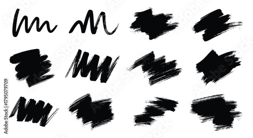 Hand-drawn collection of black ink brush strokes, marker pen scribbles, and abstract grunge design elements on a white background