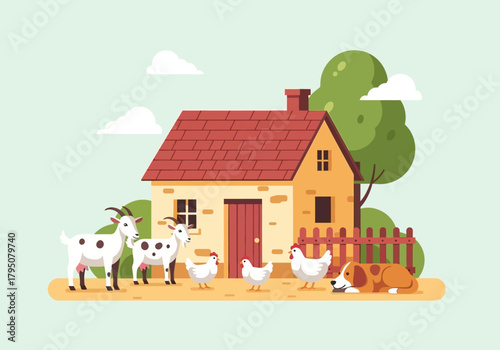 Cartoon farm scene with a house goats chickens and a dog
