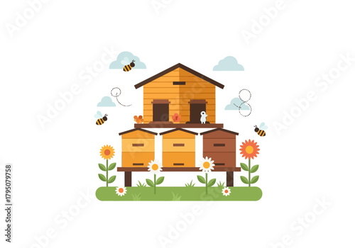 Cartoon illustration of a wooden apiary structure with three beehives on a grassy field