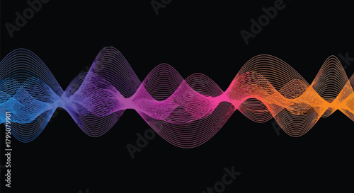 Vibrant abstract digital sound wave pattern with smooth gradient colors flowing across a dark background, representing technology, communication, or data visualization