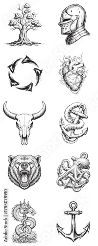 A diverse collection of hand-drawn monochrome illustrations in a vintage tattoo flash style, featuring mythical, animal, and symbolic icons