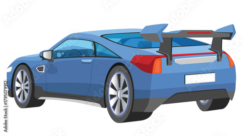 Perspective rear side view of sport EV blue car with driving man inside. Sport car standard edition with  big spoiler support aero dynamix. on isolated white background.