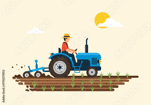 Farmer driving a blue tractor tilling brown soil with small green sprouts