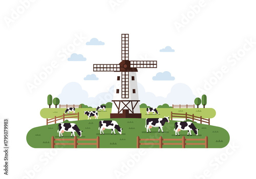 Dutch landscape with a windmill green pastures and grazing black and white cows