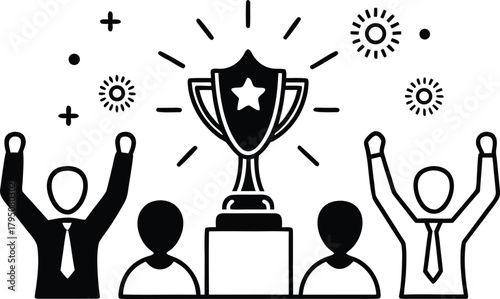 Business team celebrating success with a trophy and tie celebration award