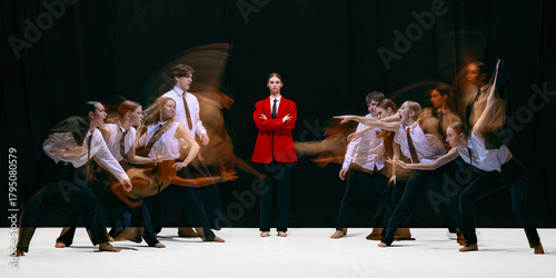 Leader in red jacket facing two opposing groups moving toward each other with motion blur. Concept of conflict mapping, organizational tension, strategic divergence and behavioral patterns in teams.