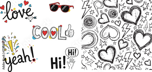 Cute Comic Doodles with Hearts, Stars, and Fun Greetings Design