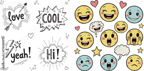 Hand-drawn Emoji and Speech Bubble Vector Doodle Art