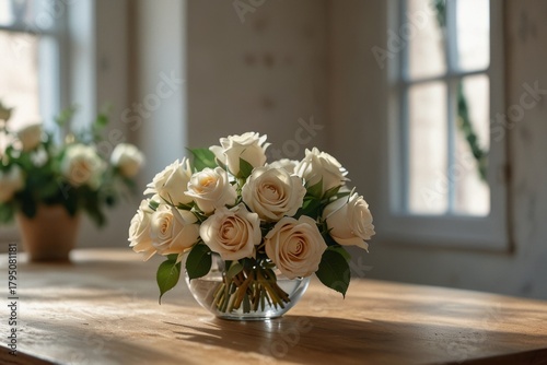 white roses in a vase against the backdrop of a forge