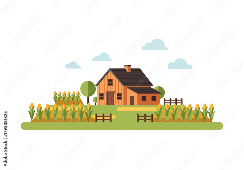Naklejka premium Flat illustration of a wooden farmhouse surrounded by cornfields and green hills