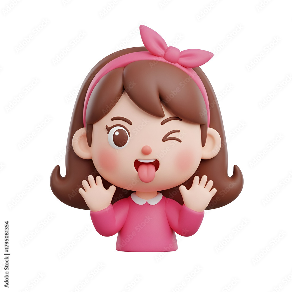 Obraz premium Happy cartoon girl winking and sticking out her tongue, wearing a pink headband and shirt