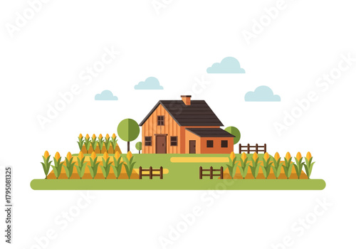 Flat illustration of a wooden farmhouse surrounded by cornfields and green hills