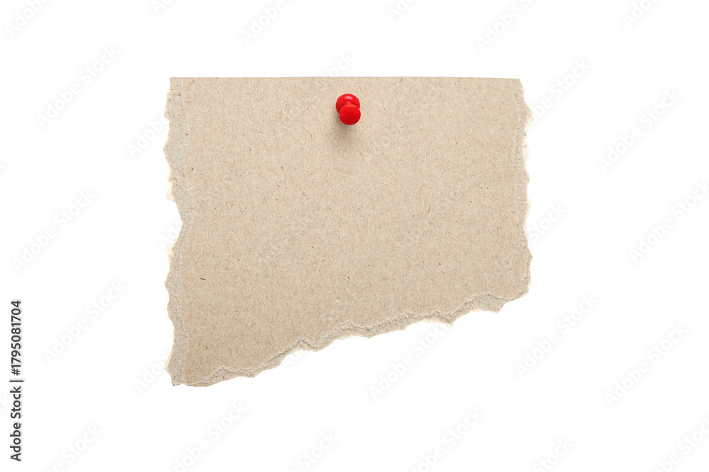 Fototapeta premium Torn Kraft Paper Note with Red Pushpin Isolated on White Background