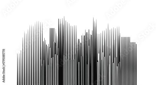 Dynamic urban skyline concept illustrated with an array of abstract black and white vertical lines, evoking modern city architecture and digital design